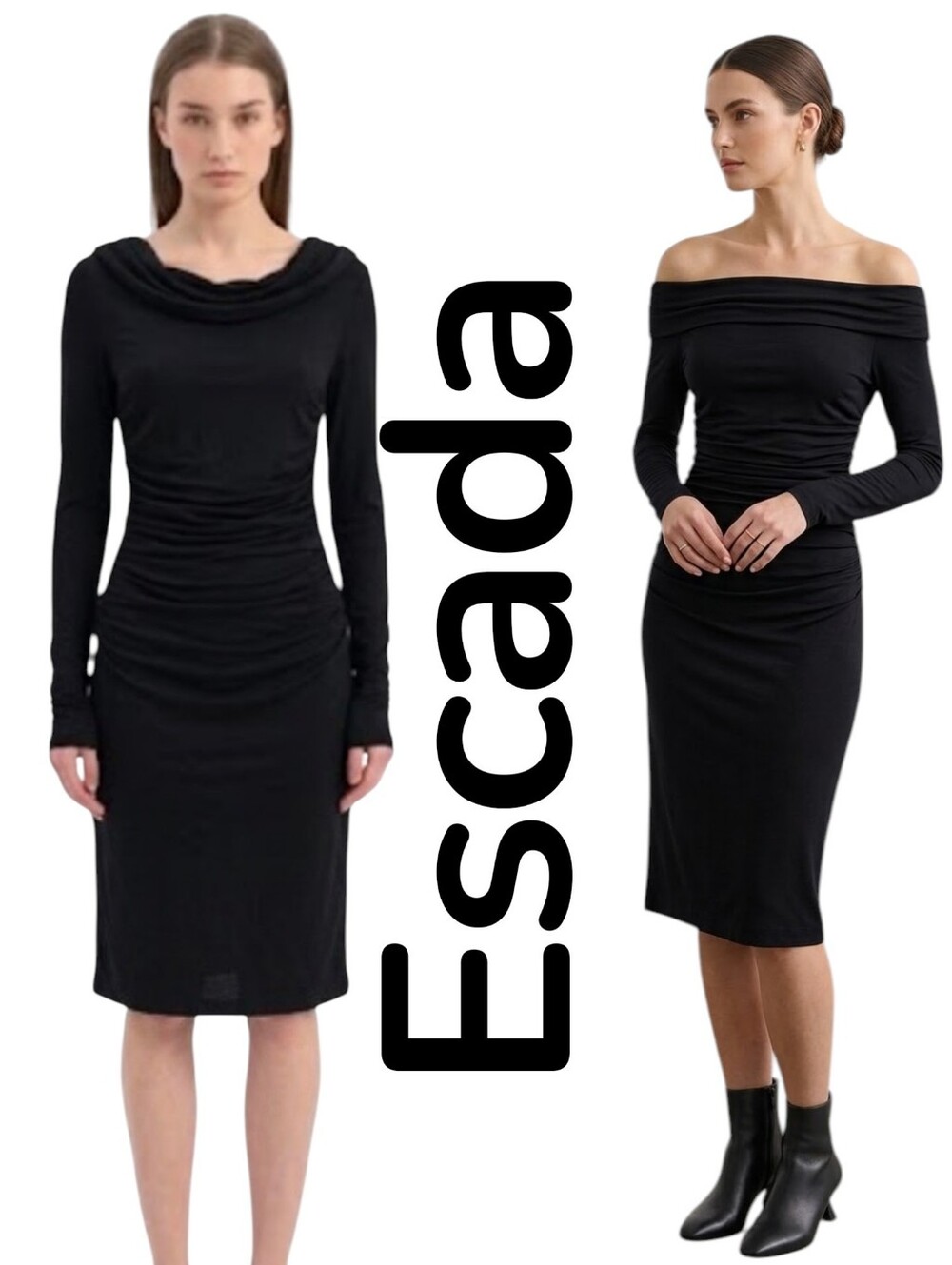 Escada Black Wool Silk Blend Draped Off Shoulder Dress Long Sleeves Cowl Neck